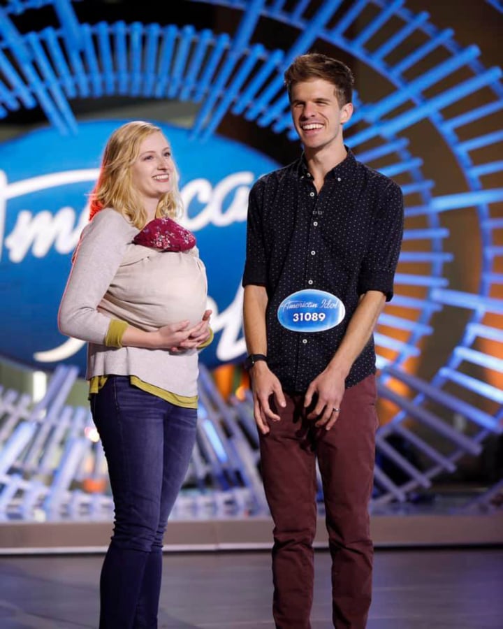 Hailey Potts, with baby Aria and Mac Potts, on the “American Idol” stage.