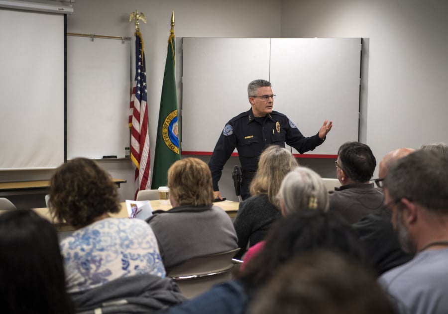 Vancouver Police Chief James McElvain speaks during a Vancouver Neighborhood Alliance meeting March 13 at Fisher’s Landing Fire Station 9 in Vancouver.
