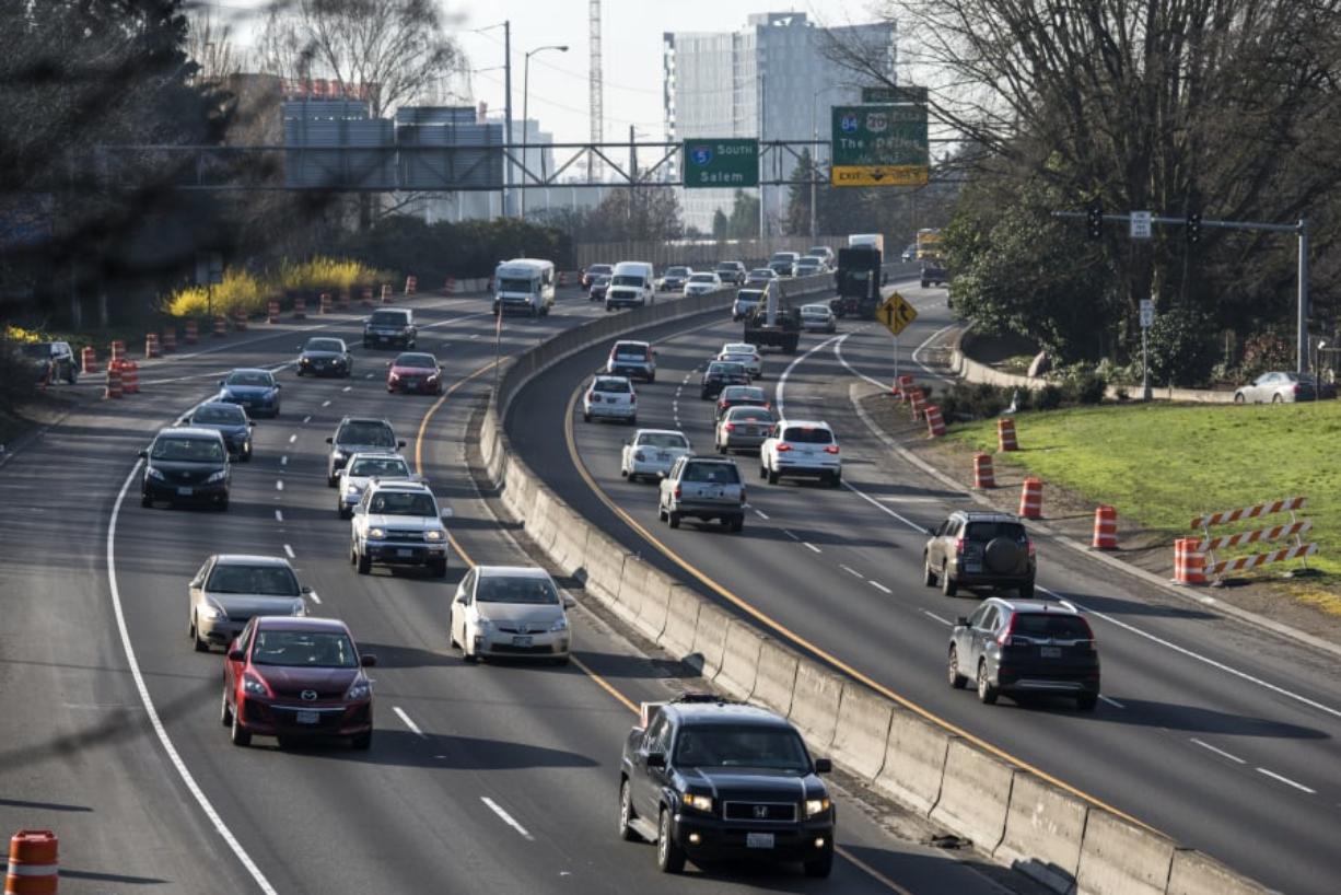 Traffic moves along Interstate 5 near the Rose Quarter in Portland.