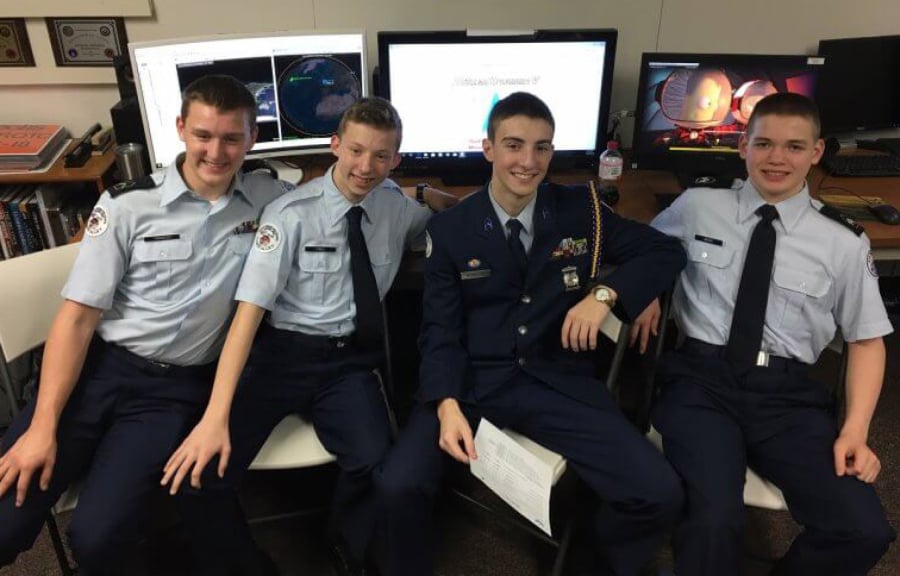 Battle Ground: Cadets with the Battle Ground High School Air Force Junior Reserve Officer Training Corps, from left, Ethan Tawwater, Seamus O’Neil, Braden Morrison and Wyatt Moody, reached the semifinals of the StellarXplorers, a national space system design competition.