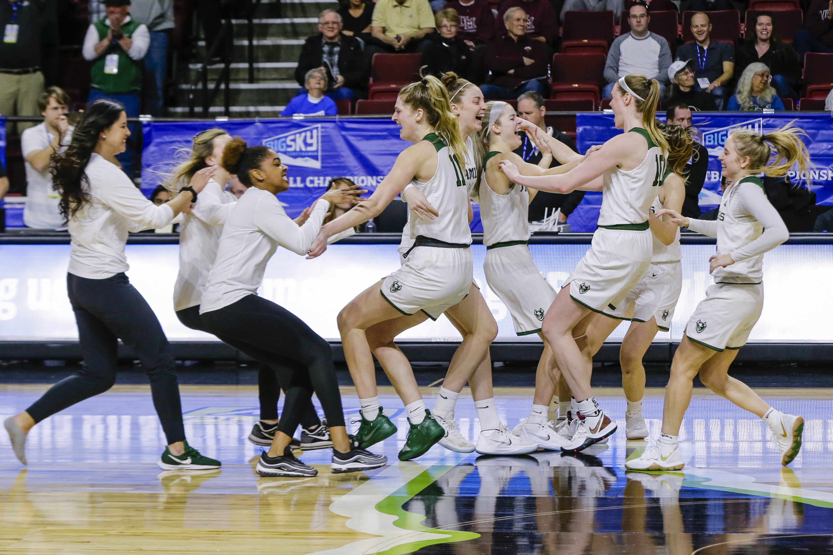 Portland State celebrates their 61-59 win over Eastern Washington in an NCAA college basketball game in the championship of the Big Sky tournament in Boise, Idaho, Friday, March 15, 2019.