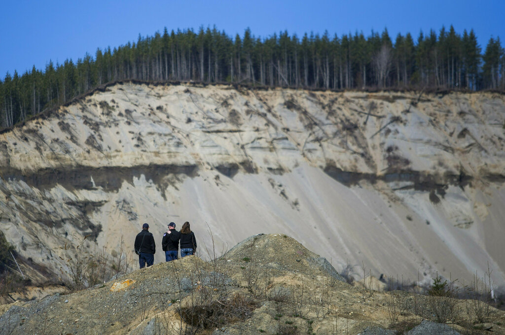 People stand on a high point and look over the slide site after the Oso Mudslide Remembrance Ceremony, Friday, March 22, 2019 in Oso, Wash.
