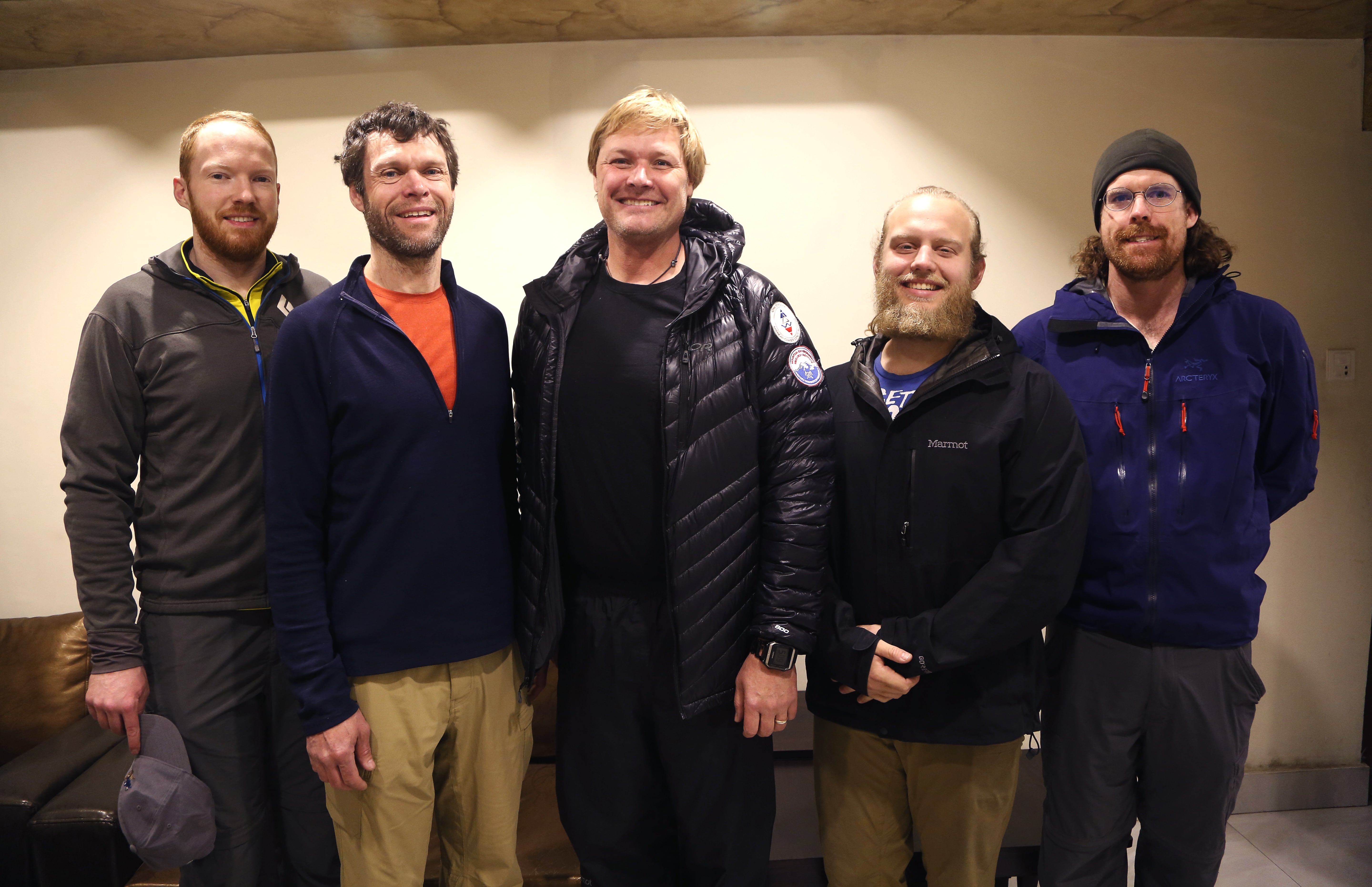 Professor John All, center, of Western Washington University, and his team pose for the photograph at a hotel before leaving for Everest region, in Kathmandu, Nepal, Wednesday, March 27, 2019. A team of American scientists is heading to the Mount Everest region to study how pollution has impacted the Himalayas and glaciers that are melting due to global warming.
