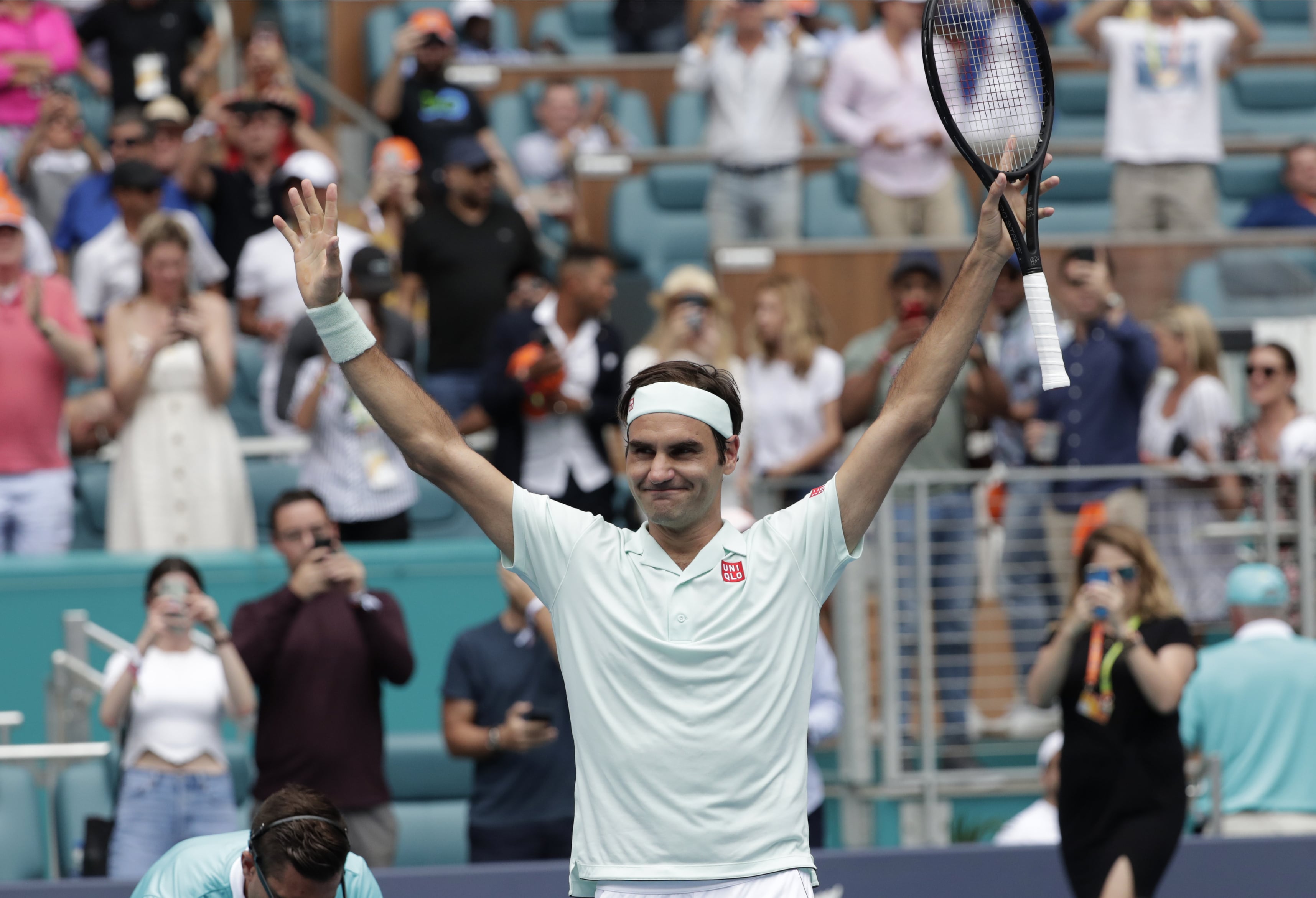 Roger Federer, of Switzerland, reacts after defeating John Isner in the singles final of the Miami Open tennis tournament, Sunday, March 31, 2019, in Miami Gardens, Fla.