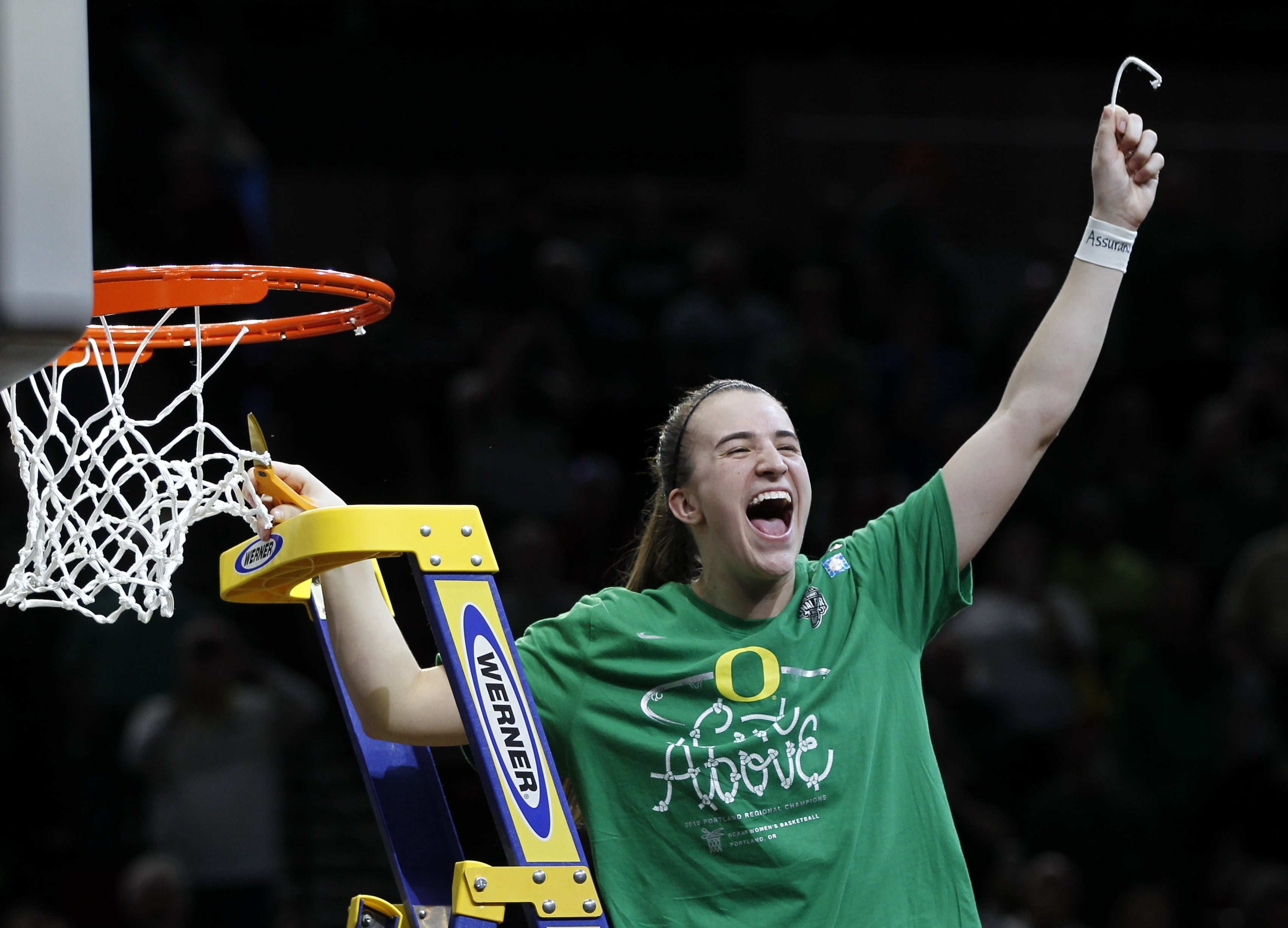 Oregon guard Sabrina Ionescu celebrates a regional final victory over Mississippi State in the NCAA women's college basketball tournament Sunday, March 31, 2019, in Portland, Ore. Oregon defeated Mississippi State 88-84.