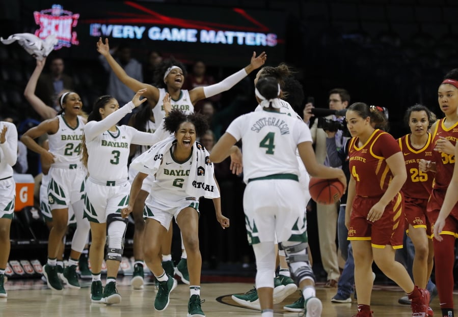 Baylor celebrates after defeating Iowa State during the Big 12 women’s conference tournament championship in Oklahoma City, Monday, March 11, 2019. Baylor won 67-49.