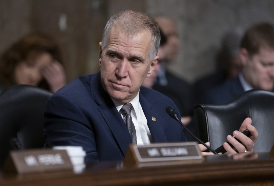 Sen.Thom Tillis, R-N.C., attends a Senate Armed Services hearing on Capitol Hill in Washington, Thursday, March 14, 2019. Tillis has said he will vote to block President Donald Trump’s border emergency as some GOP senators plan to join Democrats in a rebuke of Trump’s declaration of a national emergency at the Mexican border. (AP Photo/J.