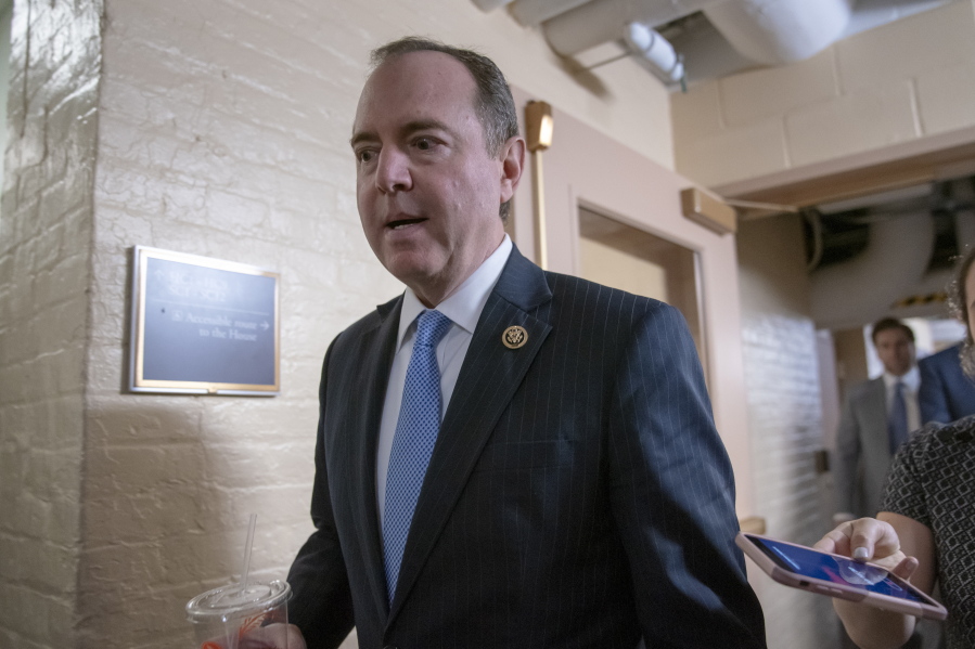 House Intelligence Committee Chairman Adam Schiff, D-Calif., arrives for a Democratic Caucus meeting at the Capitol in Washington, Tuesday, March 26, 2019. Schiff, the focus of Republicans’ post-Mueller ire, says Mueller’s conclusion would not affect his own committee’s counterintelligence probes. (AP Photo/J.