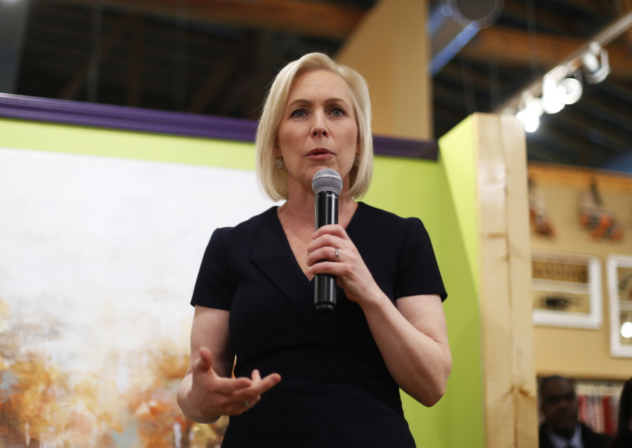 In this Monday, March 18, 2019, photo, Democratic presidential candidate Sen. Kirsten Gillibrand, D-N.Y., speaks at a campaign meet-and-greet in Clawson, Mich. Gillibrand is preparing to speak Sunday at the Trump International Hotel & Tower in New York.