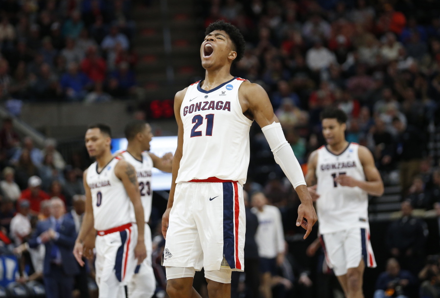 Gonzaga forward Rui Hachimura (21) celebrates after Gonzaga scored against Fairleigh Dickinson during the first half of a first-round game.