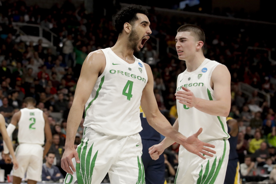 Oregon guard Ehab Amin (4) celebrates after scoring against UC Irvine during the first half of a second-round game in the NCAA men’s college basketball tournament Sunday, March 24, 2019, in San Jose, Calif.