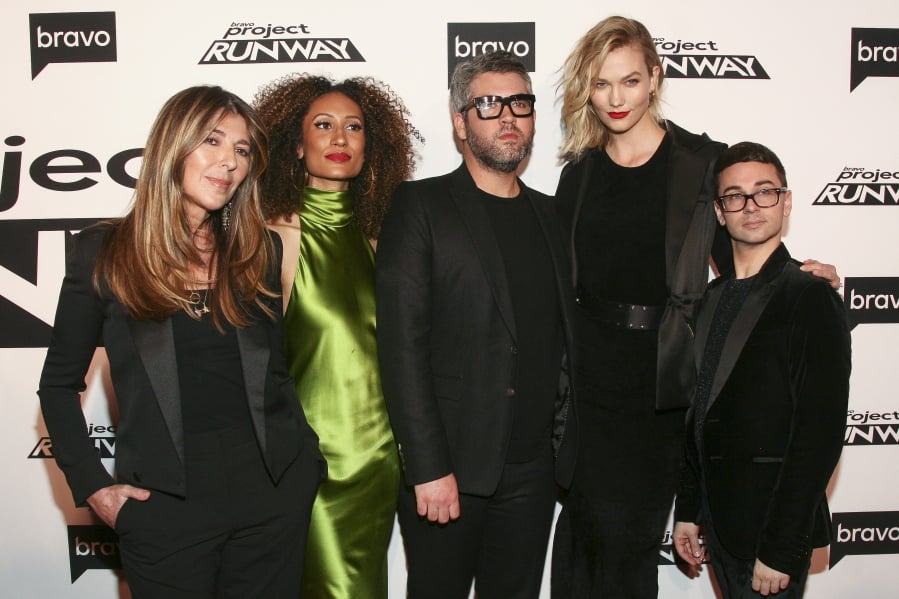 Nina Garcia, from left, Elaine Welteroth, Brandon Maxwell, Karlie Kloss and Christian Siriano attend the season premiere of Bravo’s “Project Runway” at Vandal on Thursday in New York.