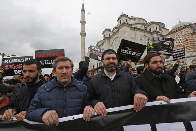 Demonstrators march after the mosque attacks in New Zealand, during a protest in Istanbul, Friday, March 15, 2019. World leaders expressed condolences and condemnation Friday following the deadly attacks on mosques in the New Zealand city of Christchurch, while Muslim leaders said the mass shooting was evidence of a rising tide of violent anti-Islam sentiment.