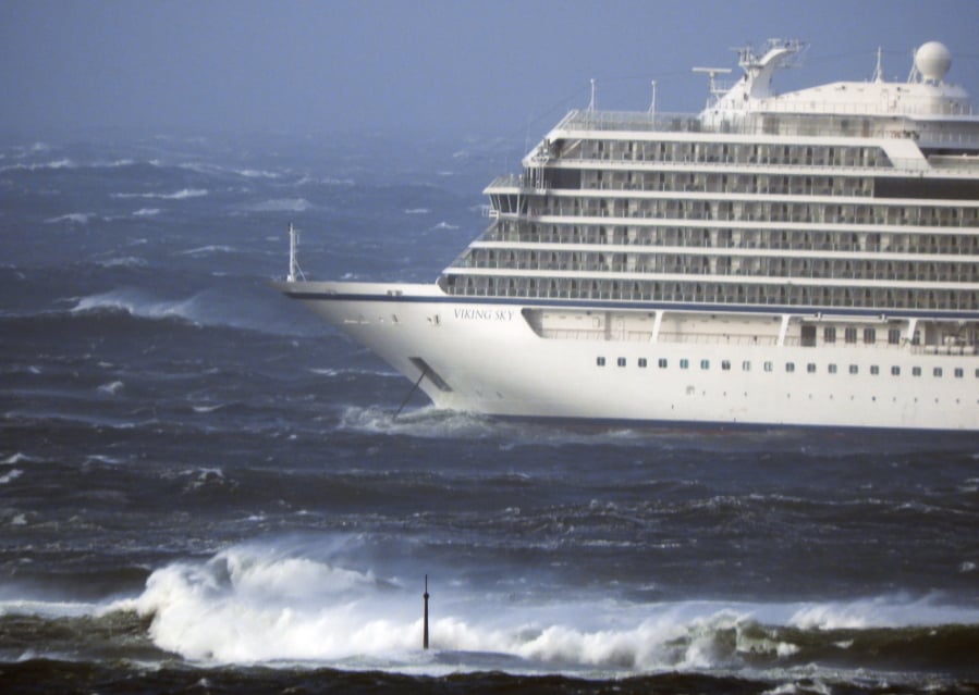 The cruise ship Viking Sky lays at anchor in heavy seas, after it sent out a Mayday signal because of engine failure in windy conditions, near Hustadvika, off the west coast of Norway, Saturday March 23, 2019. The Viking Sky is forced to evacuate its 1,300 passengers.