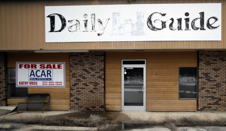 In this Feb. 19, 2019, photo, the old Daily Guide office stands for sale in St. Robert, Mo. With the shutdown of the newspaper in September 2018, this area in central Missouri’s Ozark hills joined more than 1,400 other cities across the United States to lose a newspaper over the past 15 years, according to an Associated Press analysis of data compiled by the University North Carolina.