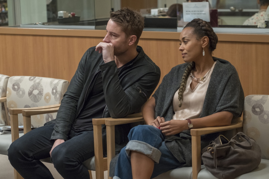 Justin Hartley and Melanie Liburd in a scene from “The Waiting Room” from the NBC drama series “This Is Us.” The show takes a theatrical approach in the episode about the fate of Kate’s pregnancy.