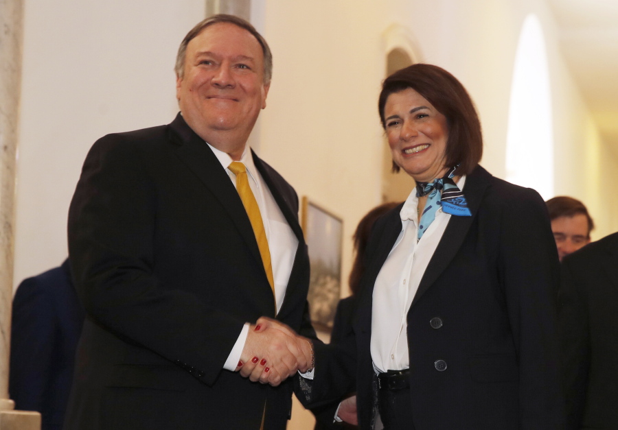 U.S. Secretary of State Mike Pompeo meets with Lebanon’s Interior Minister Raya al-Hassan at the Interior Ministry in Beirut, Lebanon, Friday, March 22, 2019.