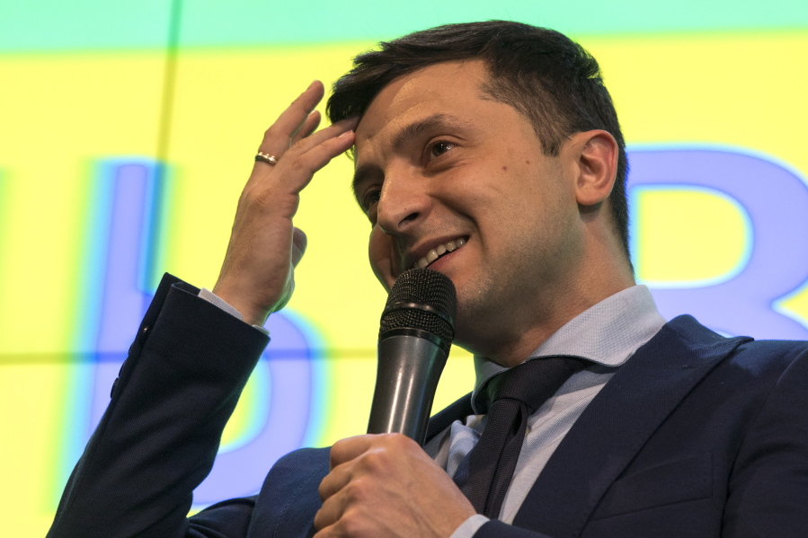 Ukrainian comedian Volodymyr Zelenskiy reacts as he responds to a journalist’s question during a press conference, after the presidential elections in Kiev, Ukraine, on Sunday.