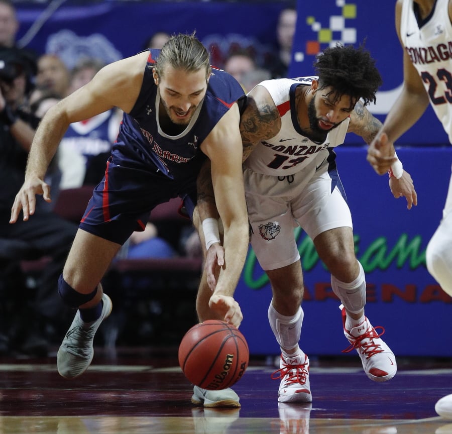 St. Mary’s Jock Perry, left, and Gonzaga’s Josh Perkins scramble for the ball during the first half of an NCAA college basketball game for the West Coast Conference men’s tournament title, Tuesday, March 12, 2019, in Las Vegas.