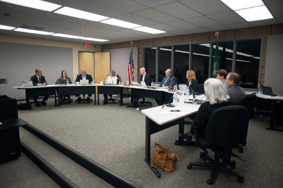 The Battle Ground Public School board meets during a district meeting on Jan. 14.