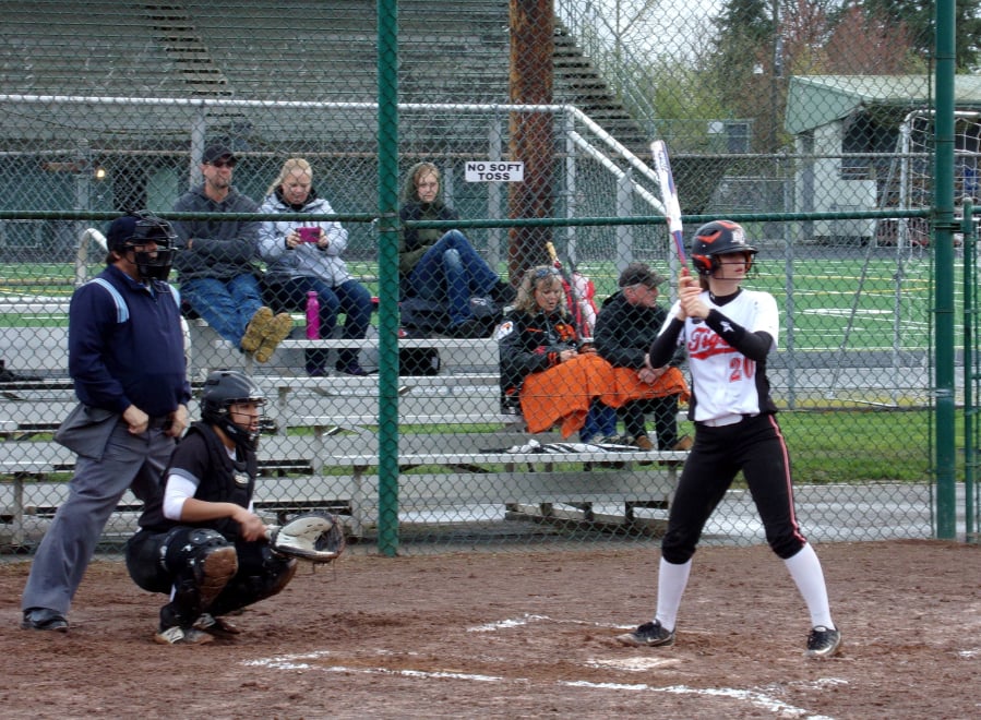 Brianna Adams of Battle Ground stands in the batter’s box against Union. Adams went 2 for 3 with three RBI in the Tigers’ 10-0 win over Union (Tim Martinez/The Columbian).