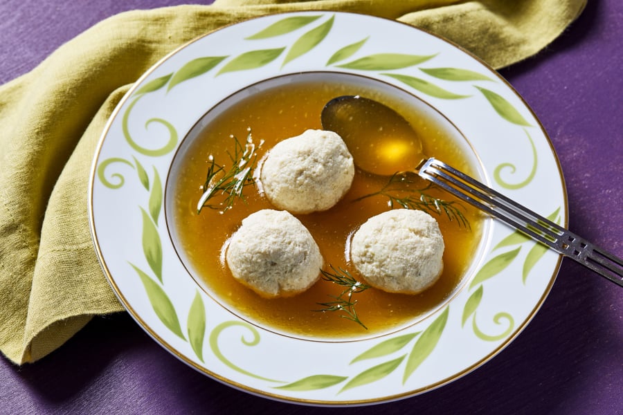 Not-Quite Matzoh Ball Soup. MUST CREDIT: Photo by Stacy Zarin Goldberg for The Washington Post; food styling by Lisa Cherkasky for The Washington Post.