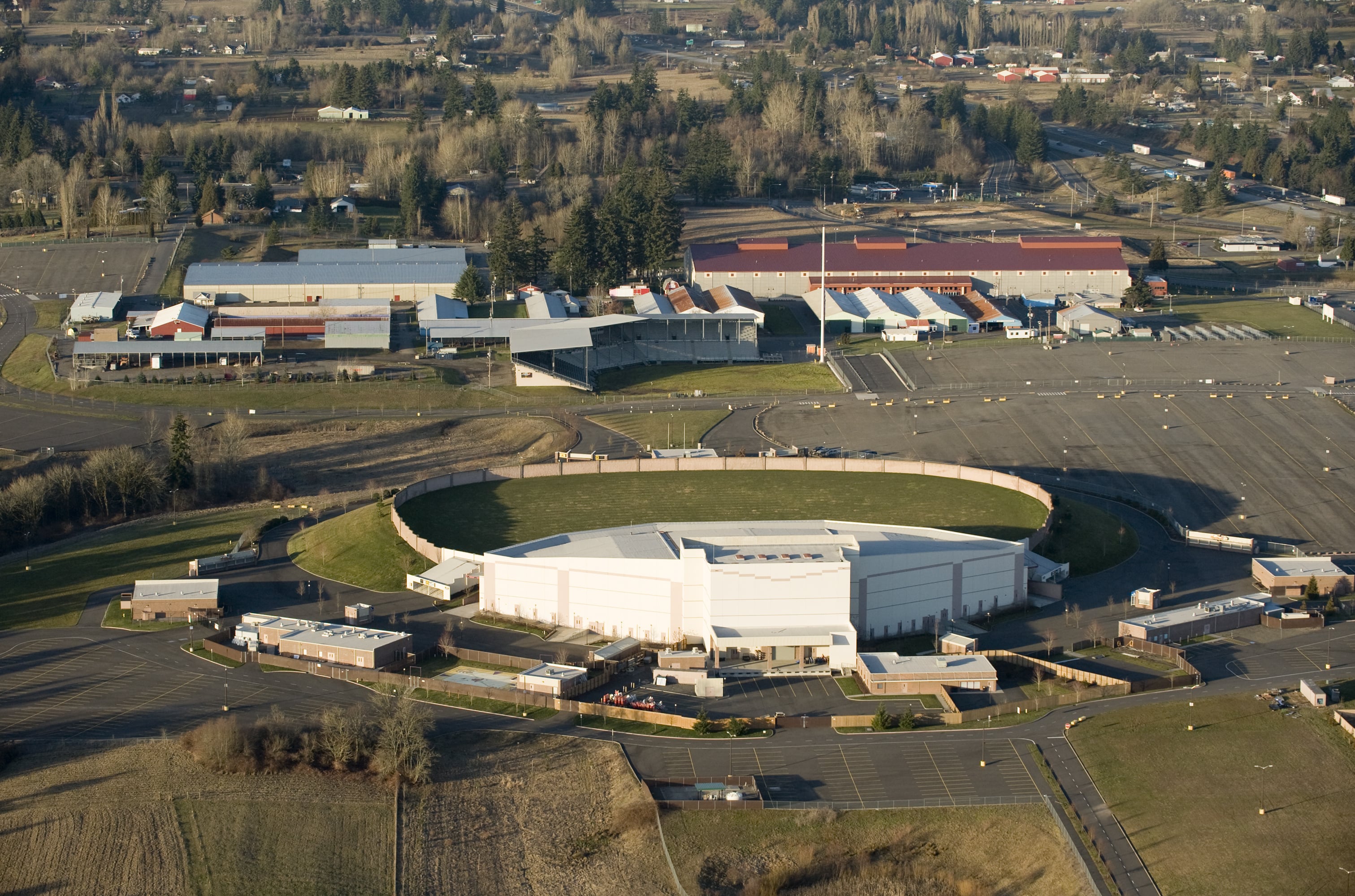 An aerial photograph of the Sunlight Supply Amphitheater at the Clark County Fairgrounds.