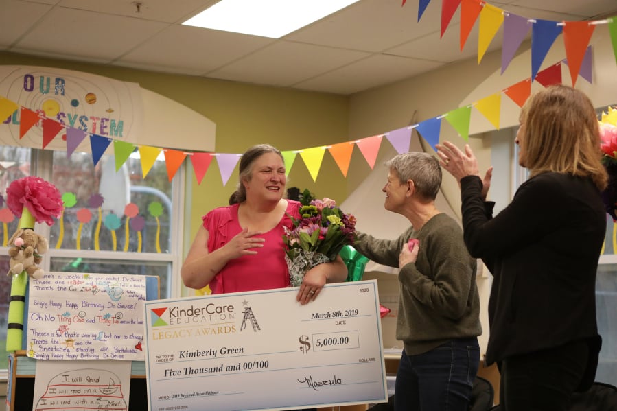 Orchards: Orchards KinderCare Learning Center prekindergarten teacher Kimberly Green was surprised with KinderCare Education’s Legacy Award and a $5,000 check during a Dr. Seuss party in her class.