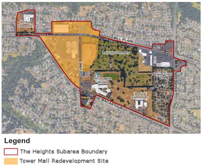A map showing the size and location of the Heights District, including the Tower Mall redevelopment area.