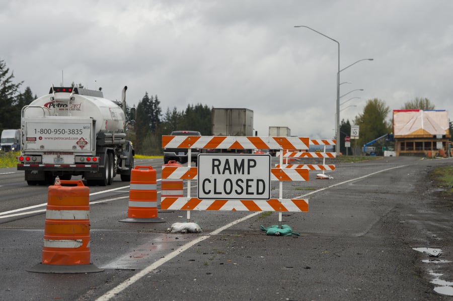 Drivers traveling north on Interstate 5 pass a closed ramp for the Washington State Patrol weigh station just north of Ridgefield. The station has been closed since October for a $3.7 million renovation project.