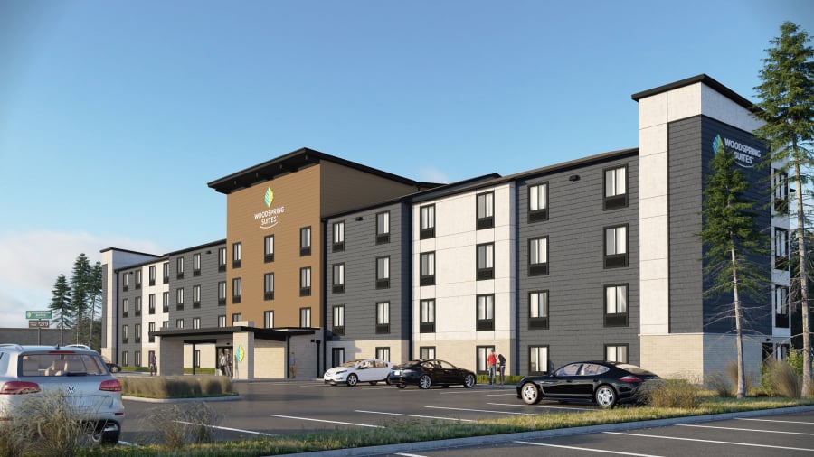 A Woodspring Suites hotel has been proposed for east Vancouver. The proposed extended-stay hotel is under development and may be similar to the prototype design in this rendering.