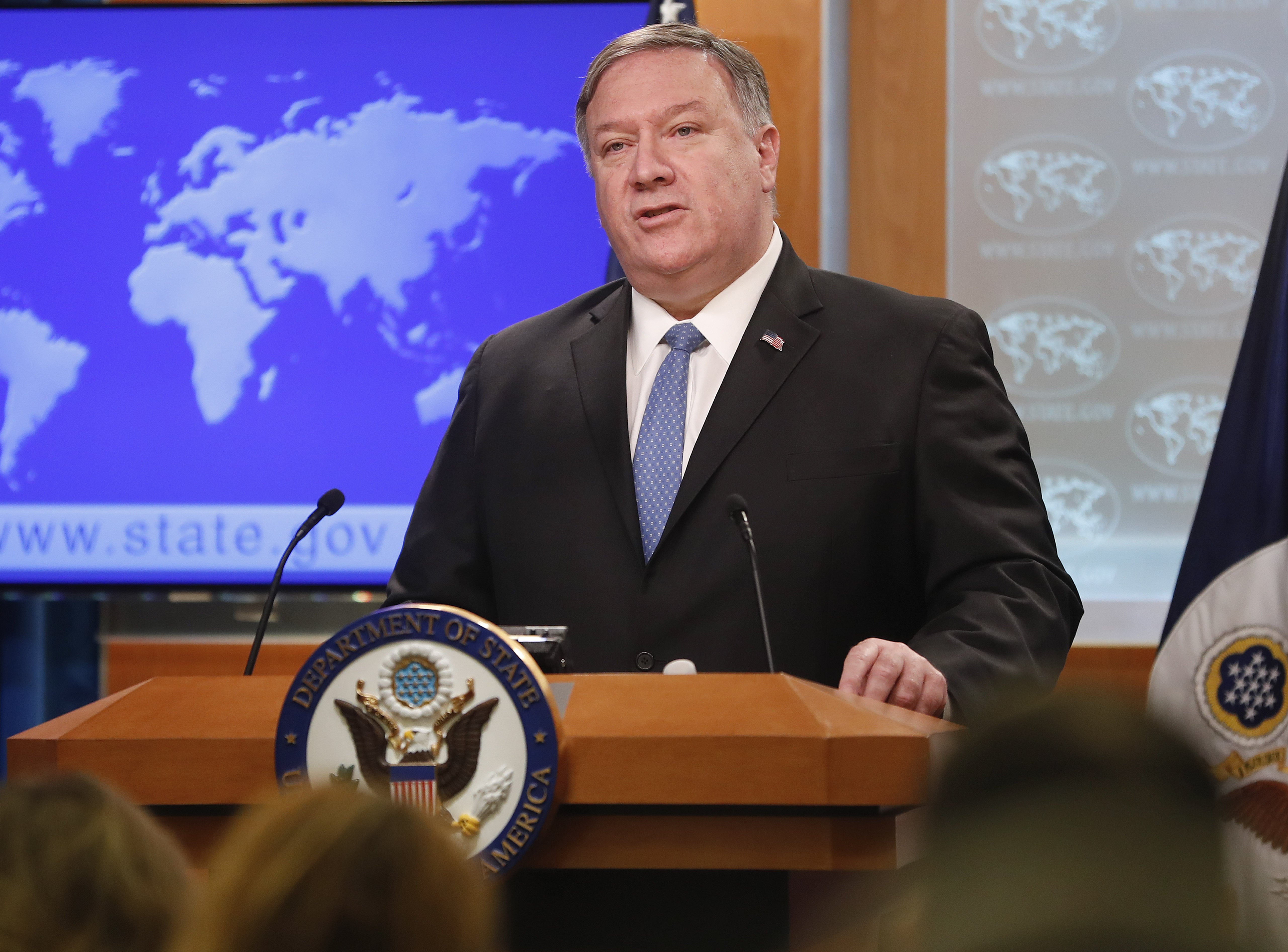 Secretary of State Mike Pompeo speaks during a news conference at the State Department in Washington, Wednesday, April 17, 2019.