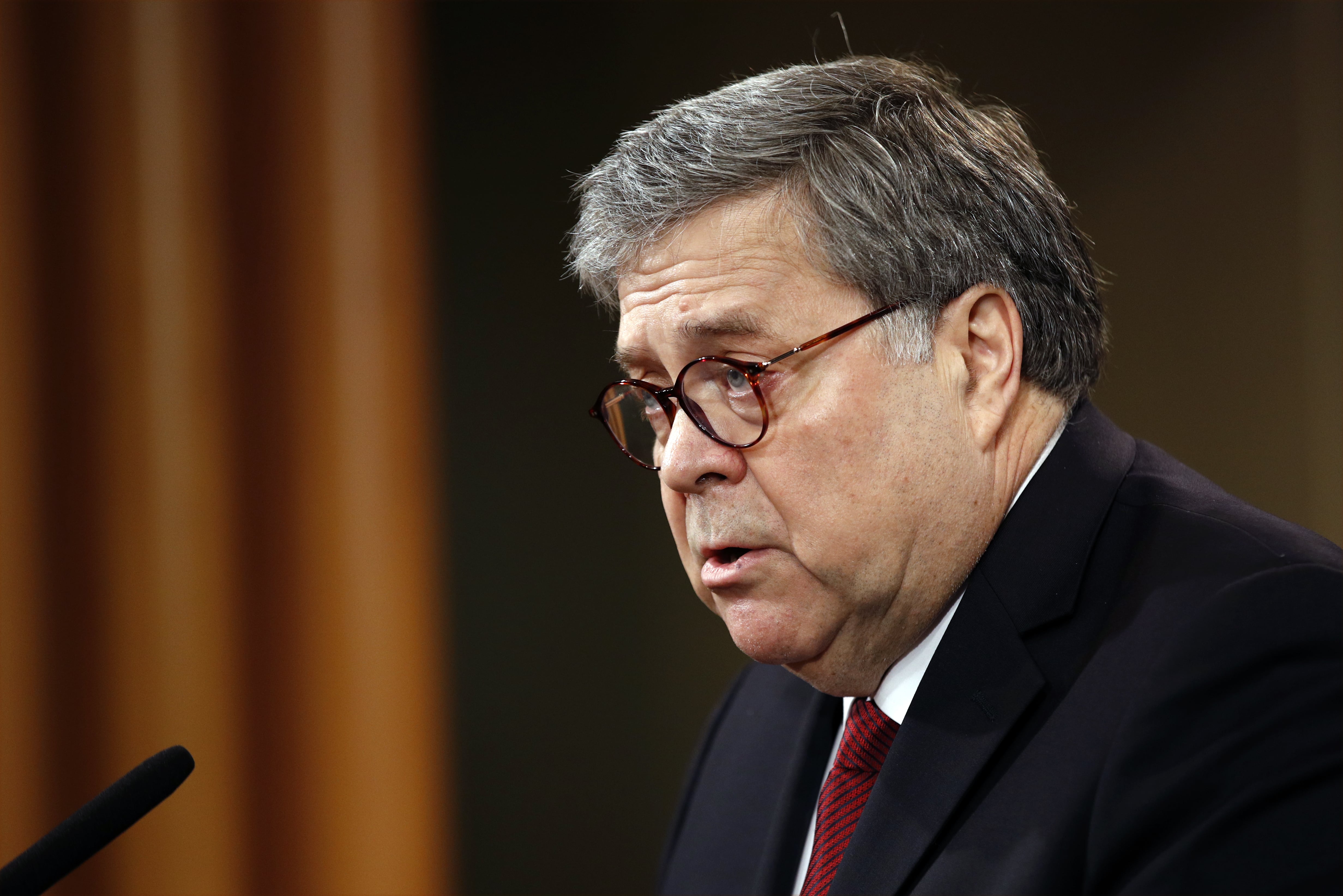 Attorney General William Barr speaks about the release of a redacted version of special counsel Robert Mueller's report during a news conference, Thursday, April 18, 2019, at the Department of Justice in Washington.