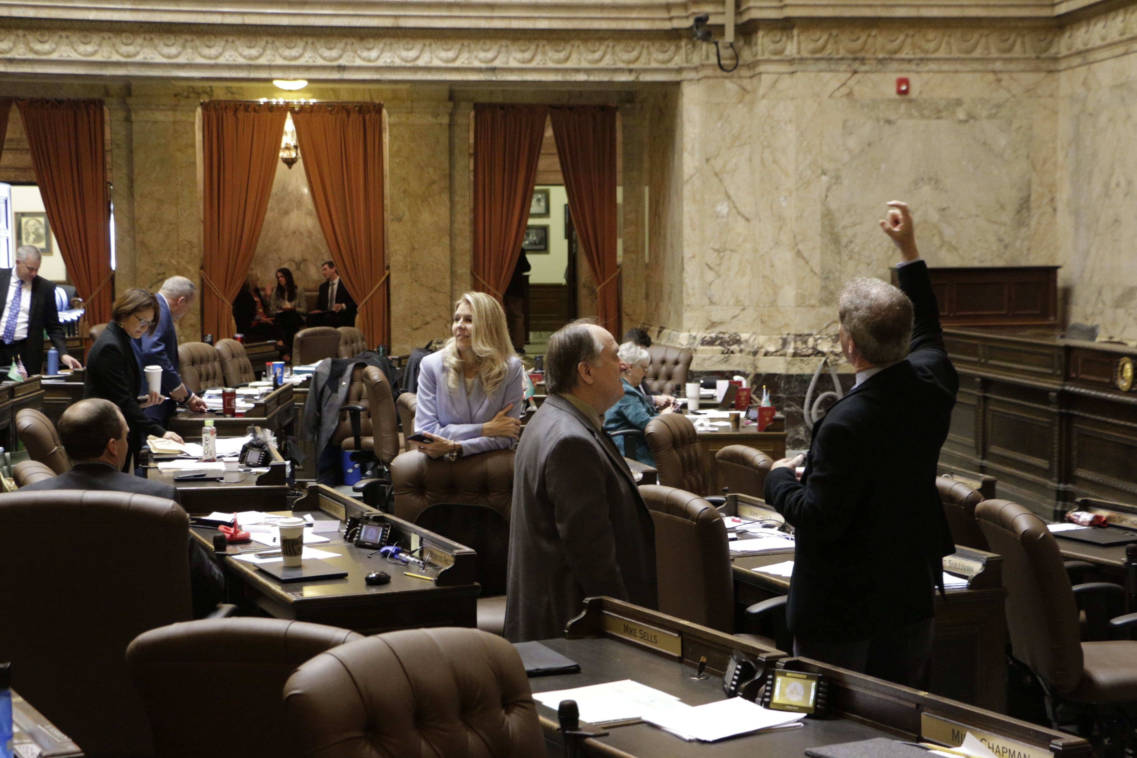 Members of the House stand in the chamber on the last day of the 105-day legislative session, on Sunday in Olympia. State lawmakers passed a new, two-year state budget by midnight in order to avoid going into overtime.