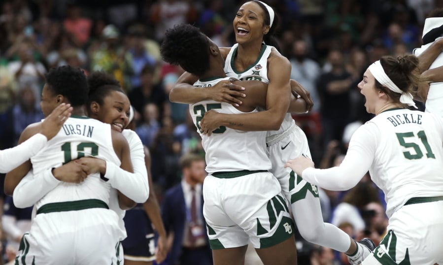 Baylor players celebrate after defeating Notre Dame in the Final Four championship game of the NCAA women's college basketball tournament Sunday, April 7, 2019, in Tampa, Fla. Baylor won 82-21.