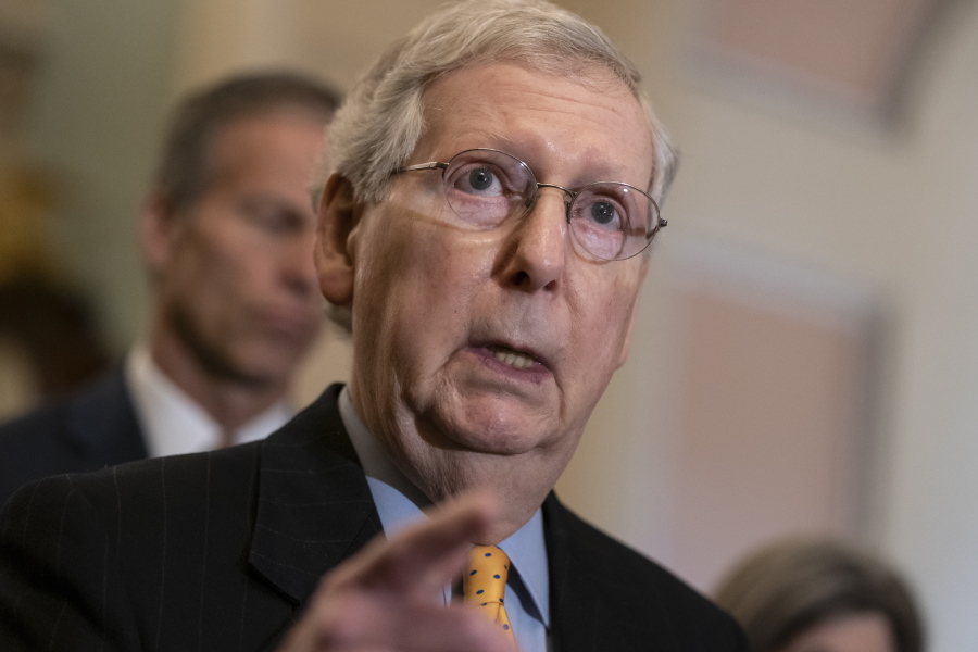 Senate Majority Leader Mitch McConnell, R-Ky., speaks to reporters at the Capitol in Washington, Tuesday, April 9, 2019. (AP Photo/J.