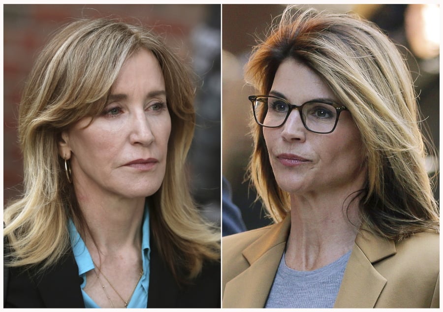 This combination photo shows actresses Felicity Huffman, left, and Lori Loughlin outside of federal court in Boston on Wednesday, April 3, 2019, where they face charges in a nationwide college admissions bribery scandal.