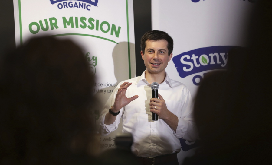 In this April 19, 2019, photo, Democratic presidential candidate South Bend Mayor Pete Buttigieg answers questions from employees during a campaign stop at a dairy company in Londonderry, N.H. Buttigieg’s presidential campaign has attention and money. Now he has to convert that into a sustainable operation that can keep him in the race well into next year.