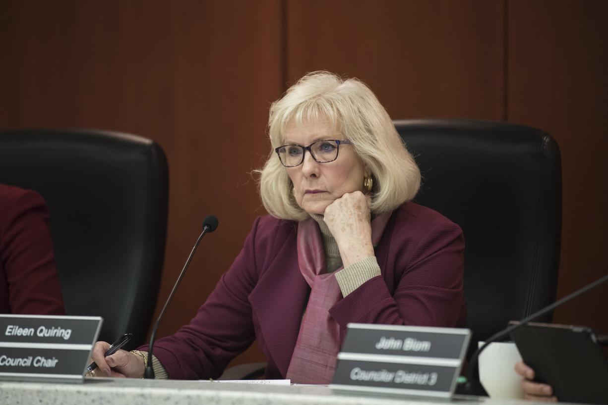 County Council Chair Eileen Quiring listens during a County Council meeting in April 2019.