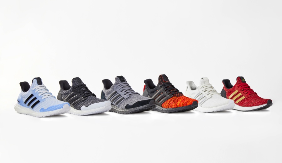 This product image released by HBO shows various styles of Adidas x Game of Thrones Ultra Boosts sneakers inspired by HBO’s “Game of Thrones” series. From wine to clothing to tours, HBO and retailers have cashed in throughout the years with “Game of Thrones” merchandise. It is a massive business, with all sides hoping to pad the bank as the show enters its eighth and final season.