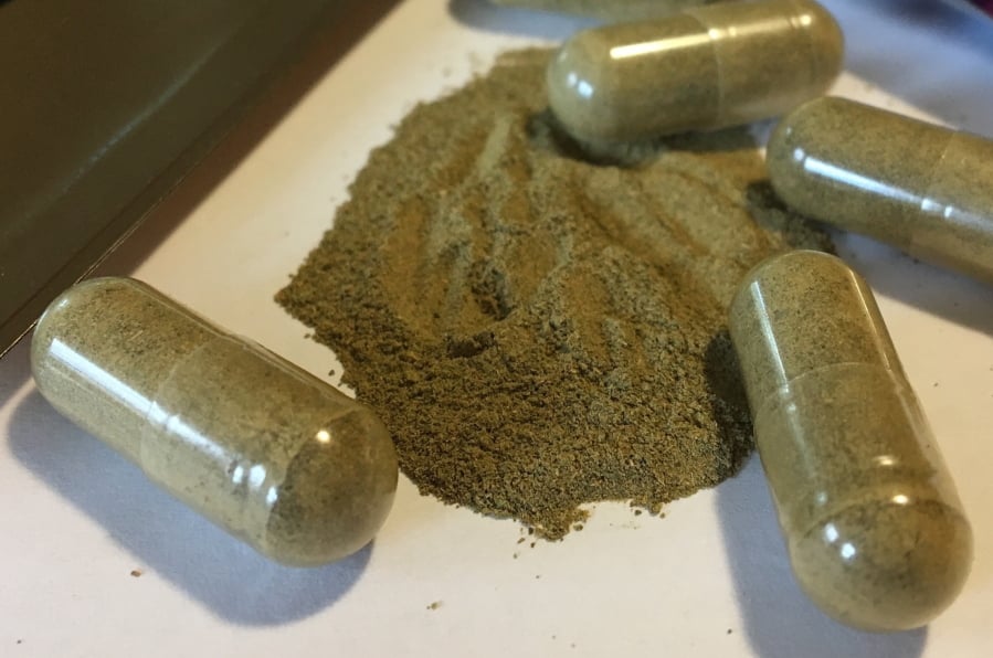 FILE - This Sept. 27, 2017 file photo shows kratom capsules in Albany, N.Y. A U.S. government report released Thursday, April 11, 2019 said the herbal supplement was a cause in 91 overdose deaths in 27 states.