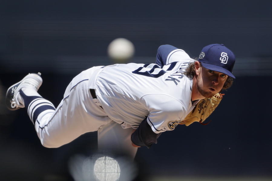 San Diego Padres starting pitcher Chris Paddack works against a Seattle Mariners batter during the first inning of a baseball game Wednesday, April 24, 2019, in San Diego.