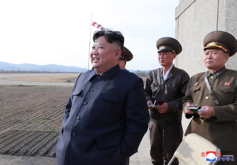 In this Tuesday, April 16, 2019, photo provided by the North Korean government, North Korean leader Kim Jong Un inspects fighter combat readiness of Unit 1017 of the Air and Anti-aircraft Force of the Korean People’s Army, in an unknown location in North Korea. Kim is cautiously turning up the heat after his unsuccessful summit with U.S. President Trump in Hanoi two months ago. Returning to military optics for the first time in five months, Kim paid a surprise visit to the Air Force base and followed that up the next day by supervising the test of what the North’s official media described ominously - but ambiguously, and without any photos or video - as a new type of “tactical guided weapon.” Independent journalists were not given access to cover the event depicted in this image distributed by the North Korean government. The content of this image is as provided and cannot be independently verified. Korean language watermark on image as provided by source reads: “KCNA” which is the abbreviation for Korean Central News Agency.