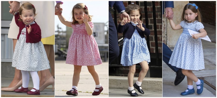 This combination photo shows Britain’s Princess Charlotte in Victoria, British Columbia, on Oct. 1, 2016, from left, in Hamburg, Germany on July 21, 2017, at St Mary’s Hospital in London on April 23, 2018 and at the Chapel Royal, St James’s Palace in London, on July 9, 2018. The bite-size princess is a fashion influencer with some of her smock dresses selling out in just a few hours.