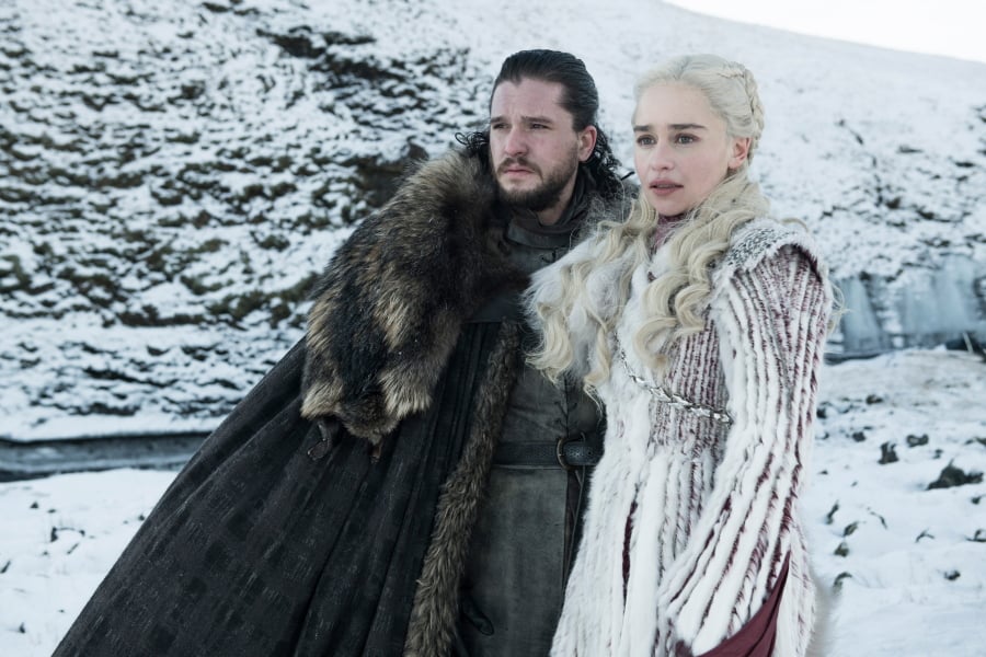 This photo released by HBO shows Kit Harington as Jon Snow, left, and Emilia Clarke as Daenerys Targaryen in a scene from “Game of Thrones,” which premiered its eighth season on Sunday.