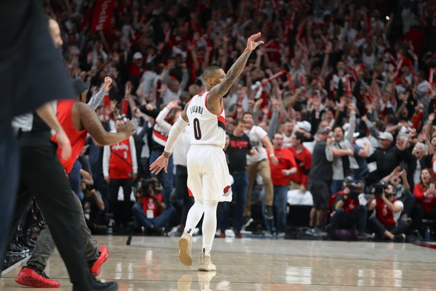 Portland Trail Blazers’ Damian Lillard gestures after shooting the game-winning three-pointer to beat the Oklahoma City Thunder 118-115 in Game 5 of their best-of-seven first-round playoff series in Portland, Ore., Tuesday, April 23, 2019. Lillard finished with a franchise playoff-record 50 points and Portland eliminated Oklahoma City from the postseason.