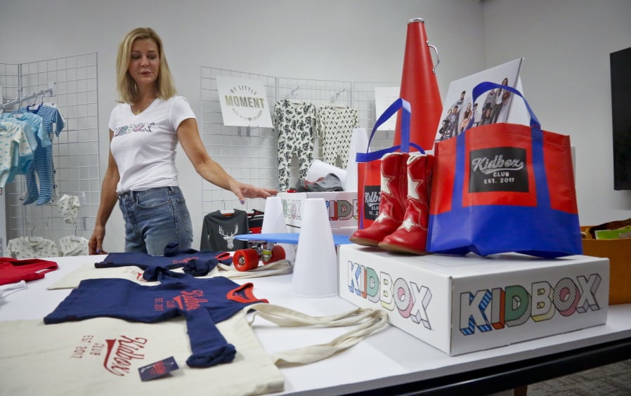 Kidbox CEO Miki Racine Berardelli shows products for her online styling service for kids in June in New York.