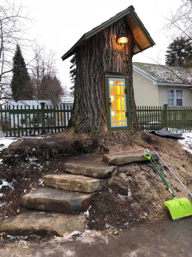 This Little Free Library was made from the stump of Sharalee Armitage Howard’s favorite old tree in front of her Idaho home.