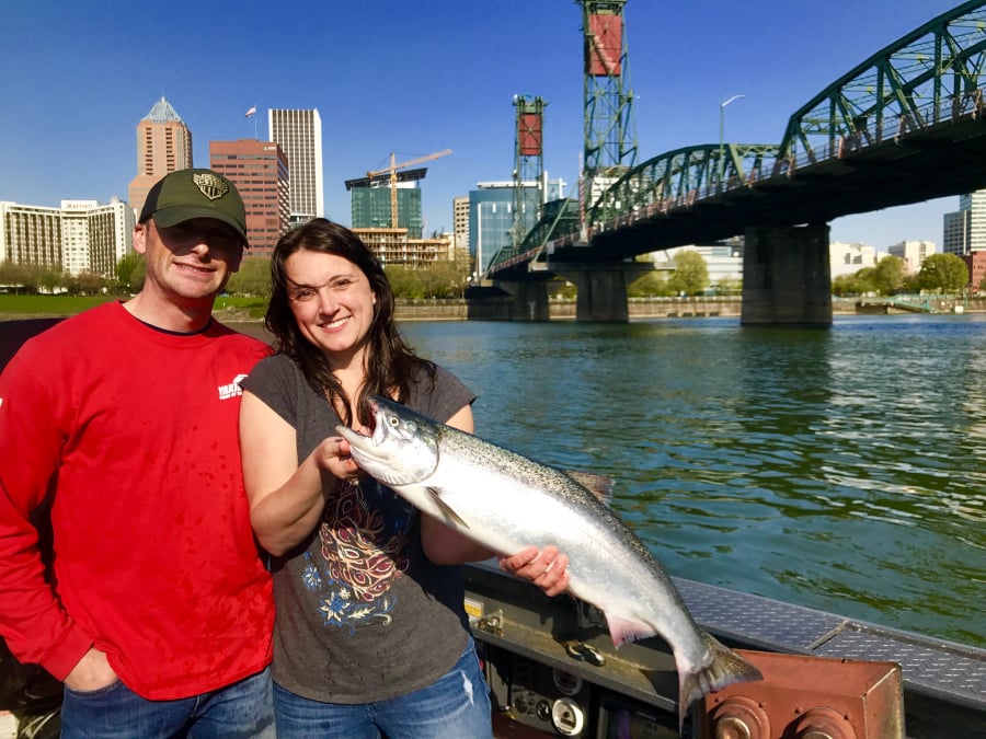 Carmen Curtz of Tigard, Ore., took this nice Willamette River spring Chinook while fishing with guide Bill Monroe Jr. The Willamette springer fishery has been up and down this year, with good catches one day, and poor fishing the next. Photos courtesy of Bill Monroe Jr.