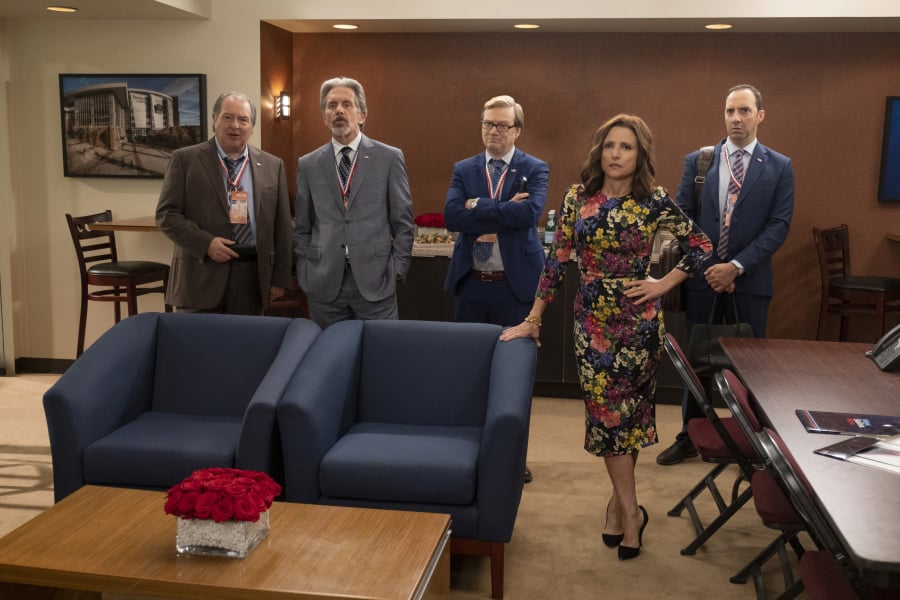 Kevin Dunn, from left, Gary Cole, Andy Daly, Julia Louis-Dreyfus and Tony Hale in the series finale of “Veep.” Colleen Hayes/HBO